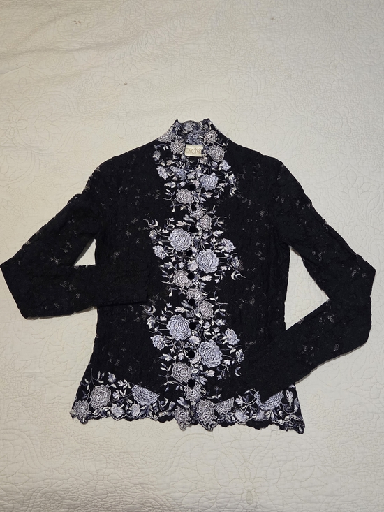 Cache Tops - Black Lace Floral Embroidered Blouse